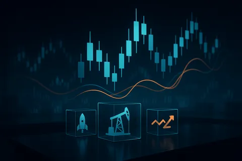 A stylized digital trading floor showing holographic representations of stocks, oil, and a rocket suspended in glass cubes.
