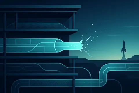 A cross-sectional illustration of a layered financial pipeline with a fractured conduit, set against a distant rocket silhouette.