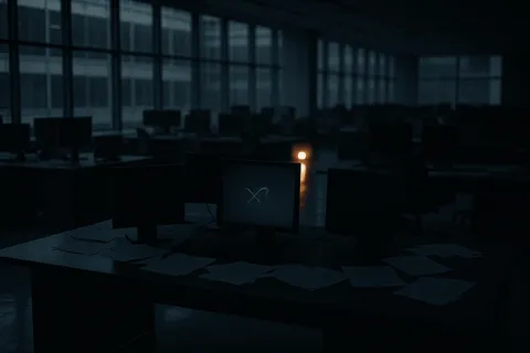 An empty trading floor at dusk with darkened monitors and a single amber emergency light.