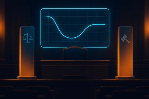A stylized courtroom with a holographic funding rate chart suspended above an empty bench between two glass pillars.